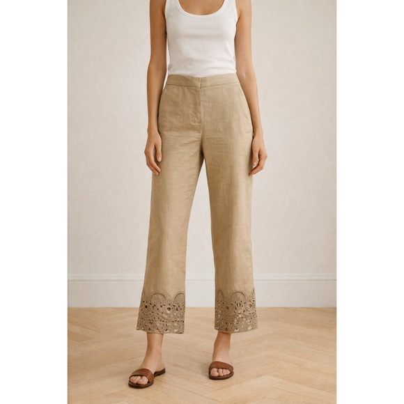 Kobi Halperin Pants - Kobi Halperin Oriana Linen Blend Tan Cropped Ankle Pants Lace Trim Hem Women’s 4